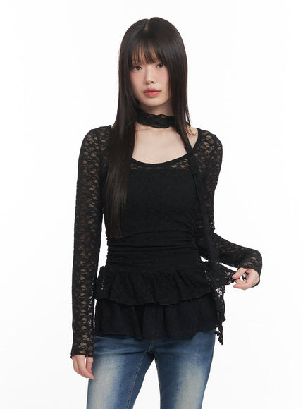 Lace Frill Slim-Fit Long Sleeve Top & Scarf Set CM519