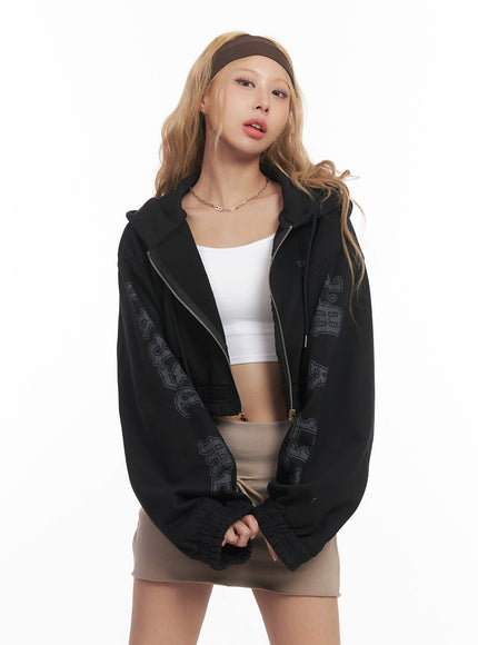graphic-zip-up-hooded-crop-jacket-cm505 / Black