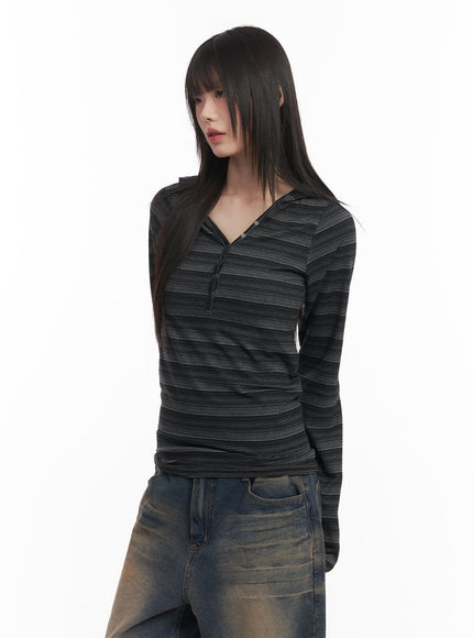 Striped Buttoned Slim-Fit Hoodie CF519