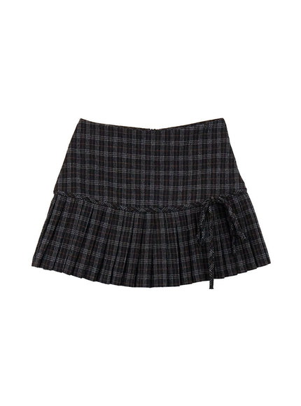 ribbon-checkered-pleated-mini-skirt-cj514 / Black