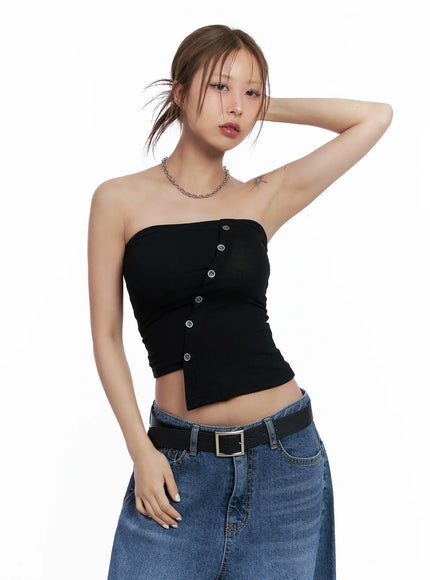 asymmetric-button-tube-top-cl510 / Black