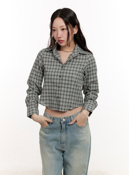 checkered-collared-crop-shirt-cm510 / Black