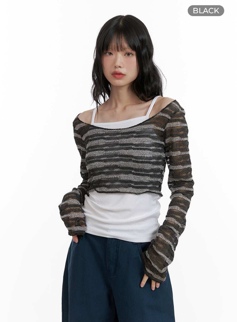 sheer-stripe-off-shoulder-top-cu407 / Black