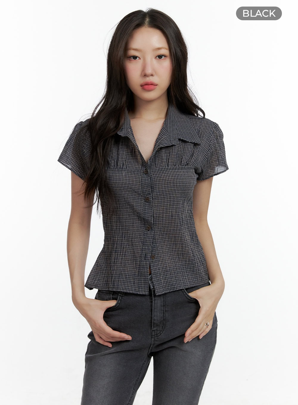 gingham-buttoned-collar-short-sleeve-blouse-cl410 / Black