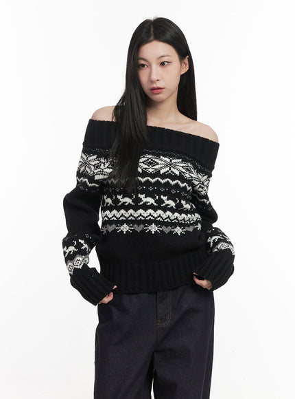 Nordic Print Off-Shoulder Sweater CF514