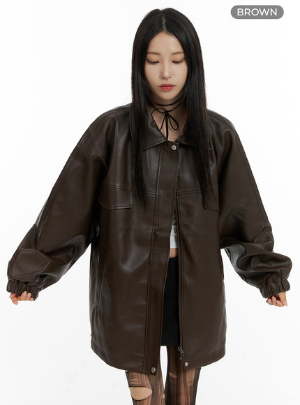 oversized-faux-leather-jacket-cf428 / Brown
