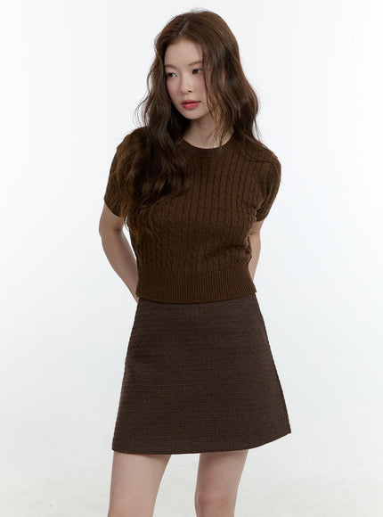 cable-knit-short-sleeve-crop-sweater-cf504 / Brown