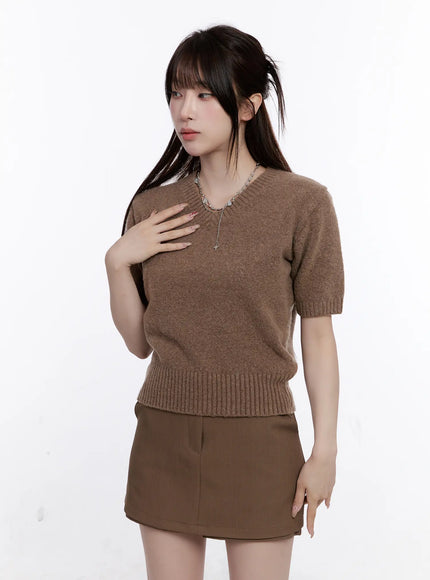 v-neck-short-sleeve-knit-top-cs530 / Brown