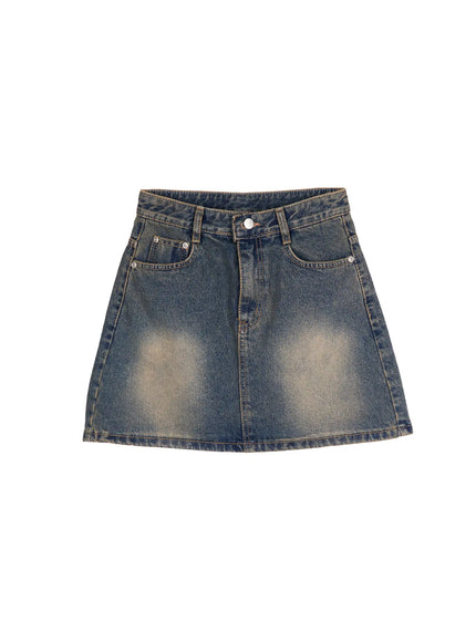 vintage-washed-denim-skirt-cy527 / Dark blue