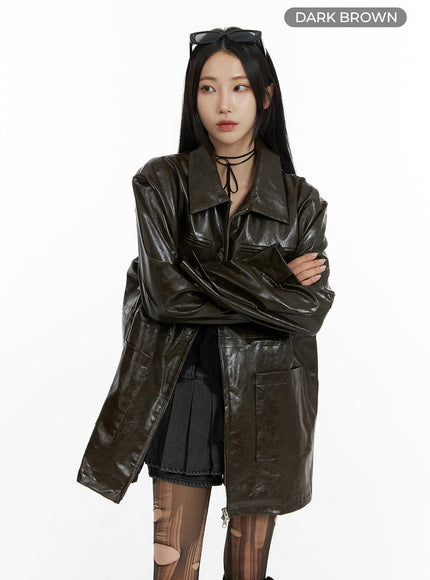 zip-up-faux-leather-midi-coat-cf429 / Dark brown