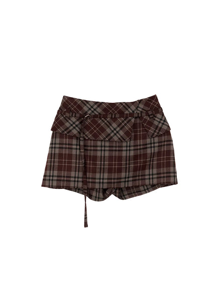 plaid-ring-belt-mini-skirt-cn514 / Dark brown