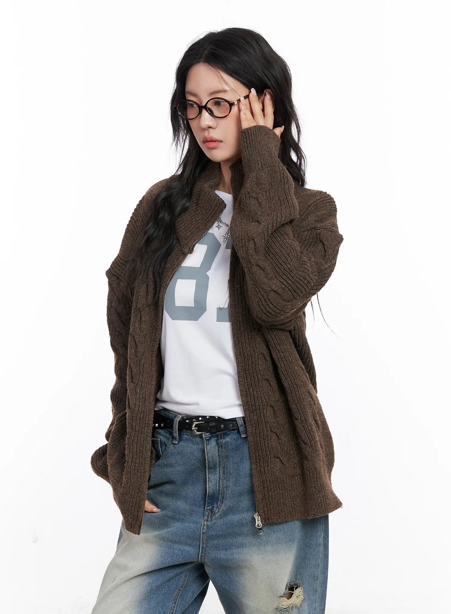 oversized-cable-knit-zip-up-sweater-co508 / Dark brown
