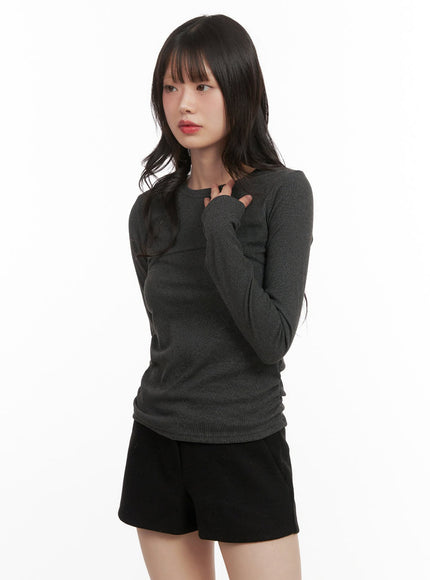 shirred-slim-fit-long-sleeve-top-cj506 / Dark gray