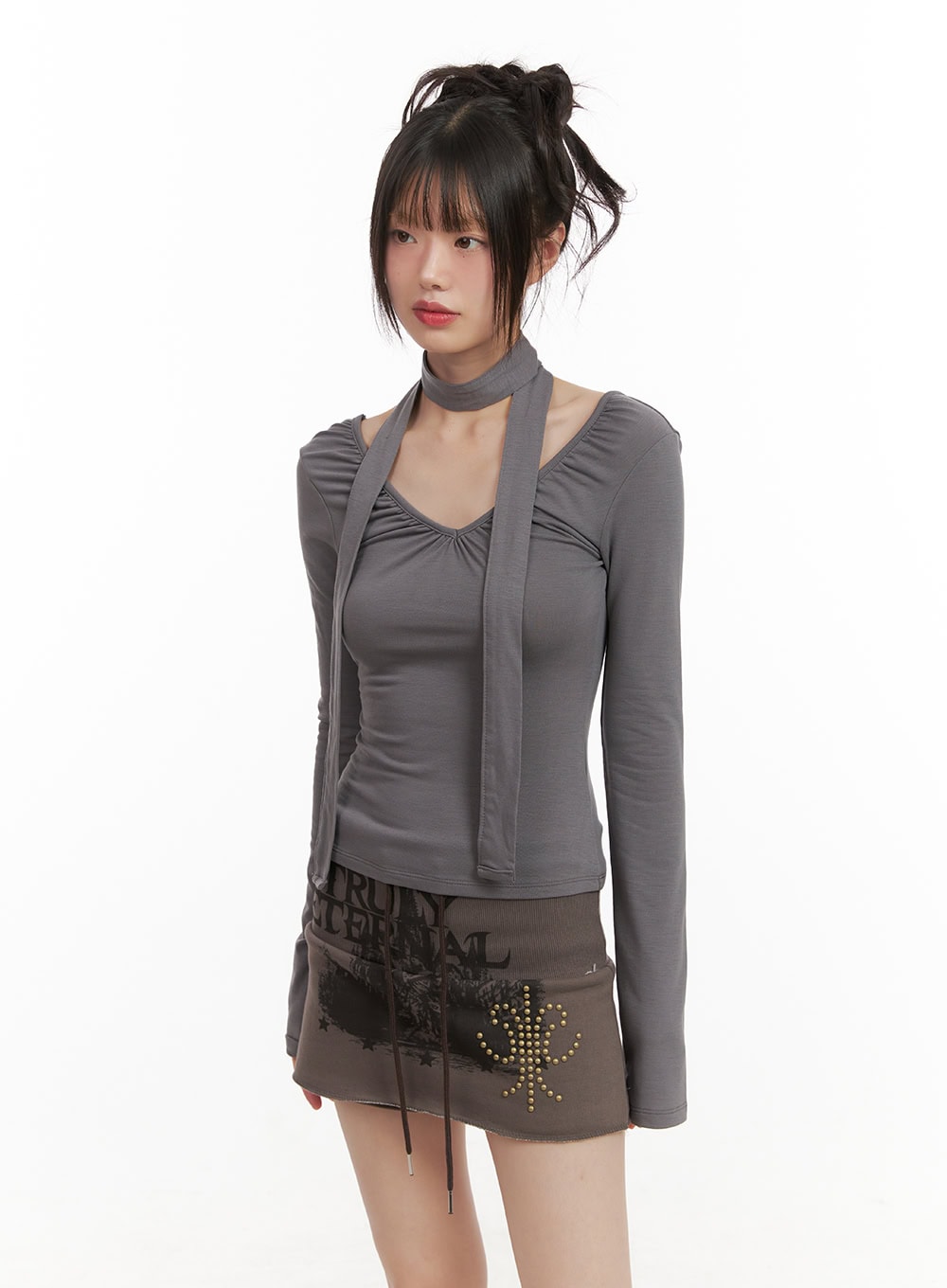 shirred-v-neck-long-sleeve-top-with-scarf-cj502 / Dark gray