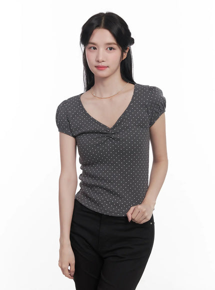 polka-dot-v-neck-tee-cu525 / Dark gray