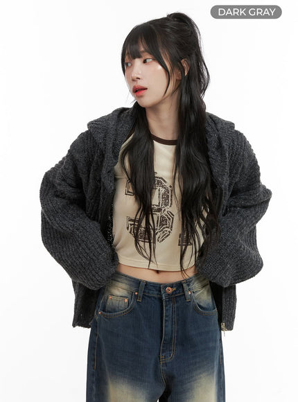 oversized-cable-knit-zip-up-hooded-sweater-cg421 / Dark gray