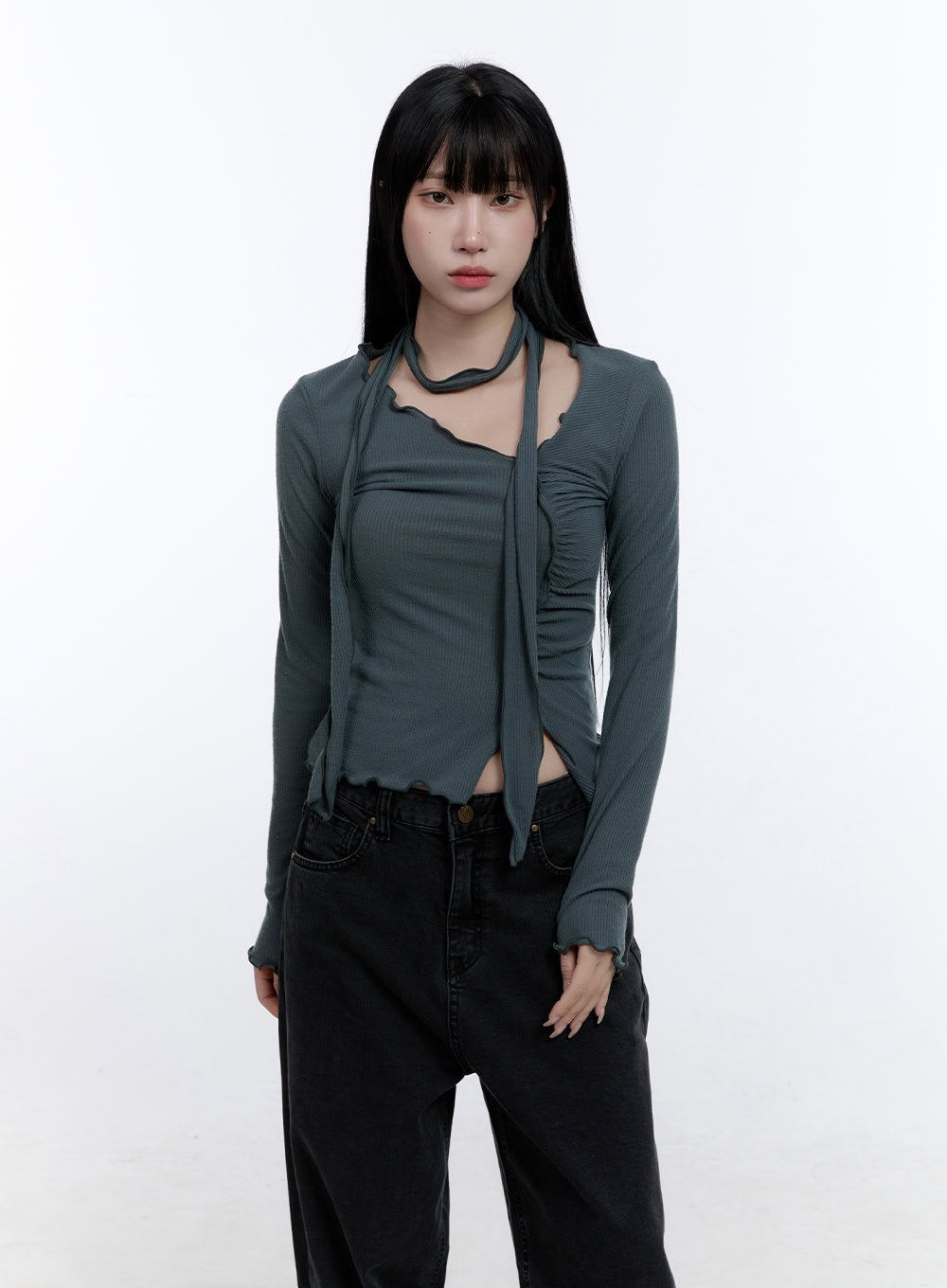 shirring-detail-slim-fit-crop-top-cd419 / Dark gray