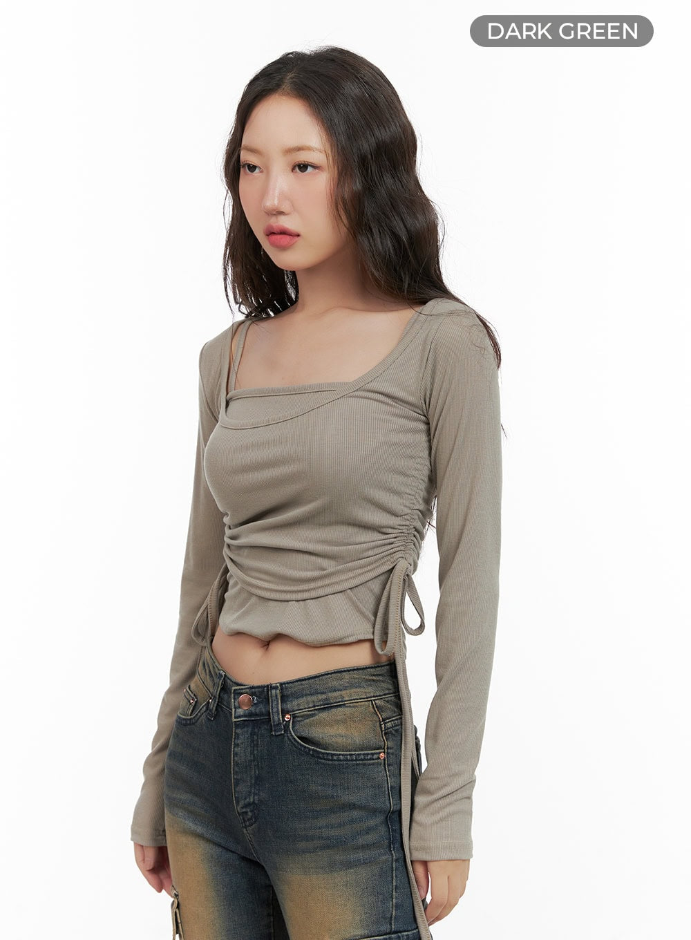 shirred-square-neck-layered-top-cg422 / Dark green