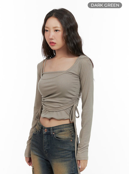 shirred-square-neck-layered-top-cg422 / Dark green