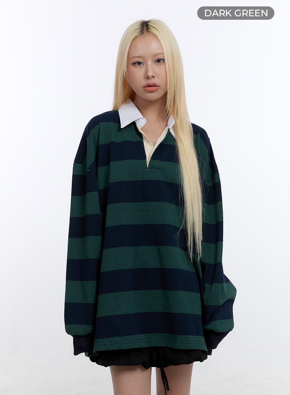 oversized-button-collared-stripe-shirt-co422 / Dark green