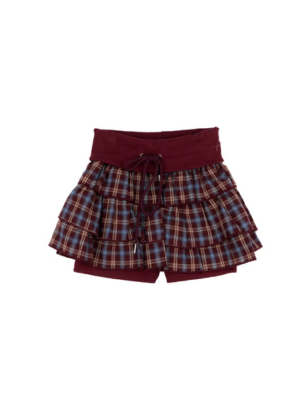 plaid-layered-ruffle-mini-skirt-cn524 / Dark red