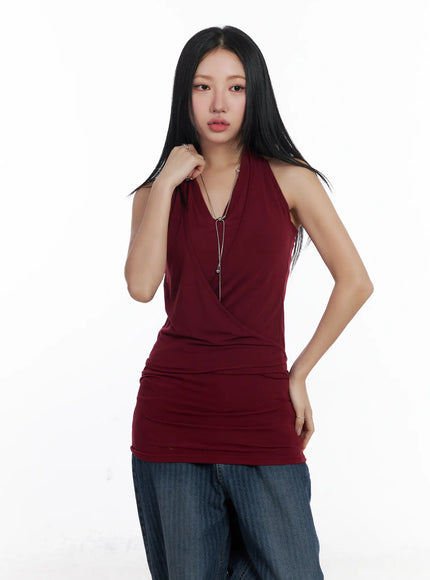cozy-layered-halterneck-top-cj514 / Dark red