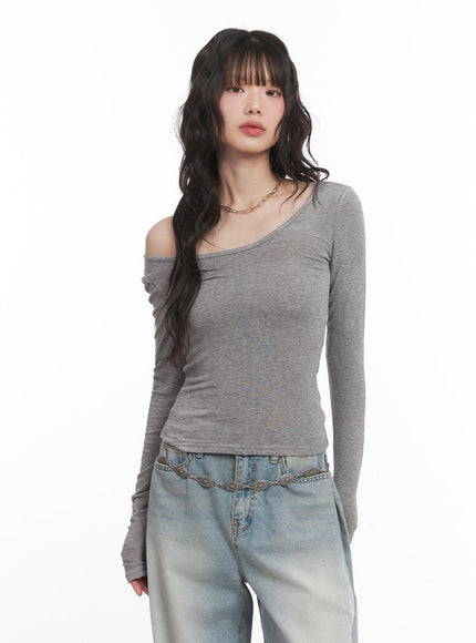 wool-blend-one-shoulder-long-sleeve-top-cm520 / Gray