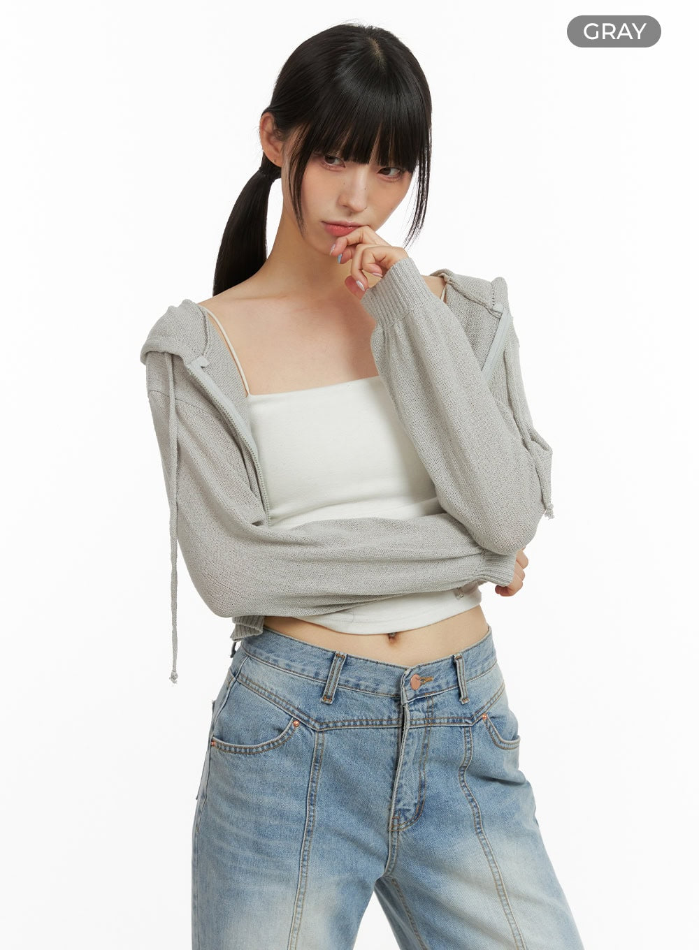 summer-zip-up-hooded-crop-top-cu424 / Gray