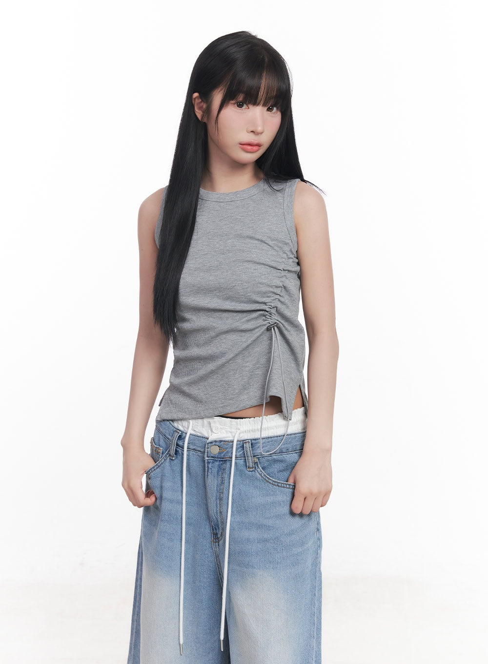 shirred-crop-tank-top-cy527 / Gray