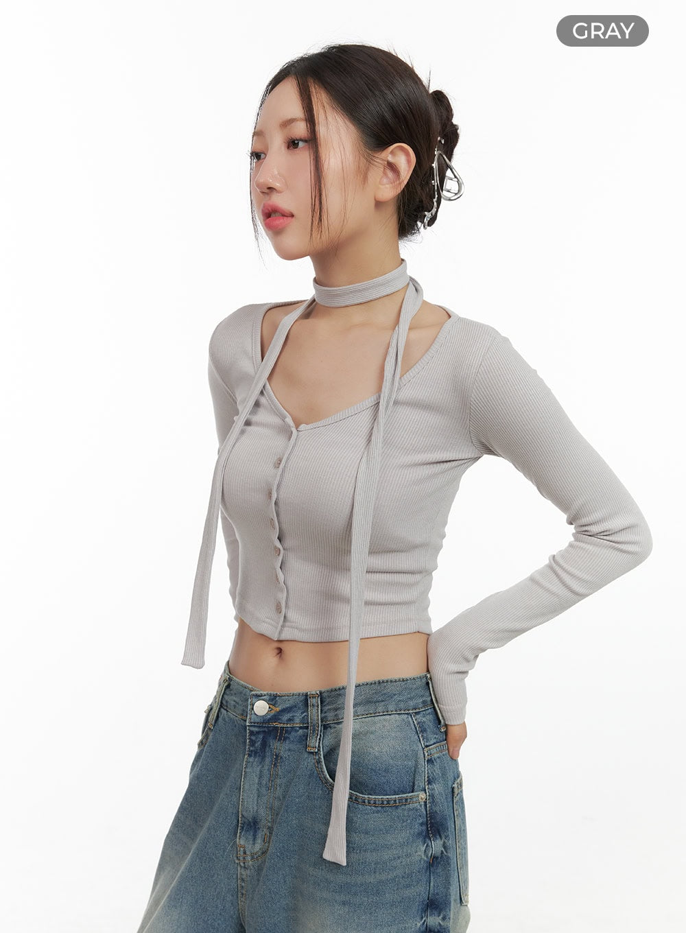 buttoned-long-sleeve-cardigan-thin-scarf-set-cs405 / Gray