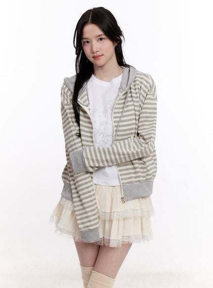 stripe-zip-up-hooded-knit-jacket-cm527 / Gray