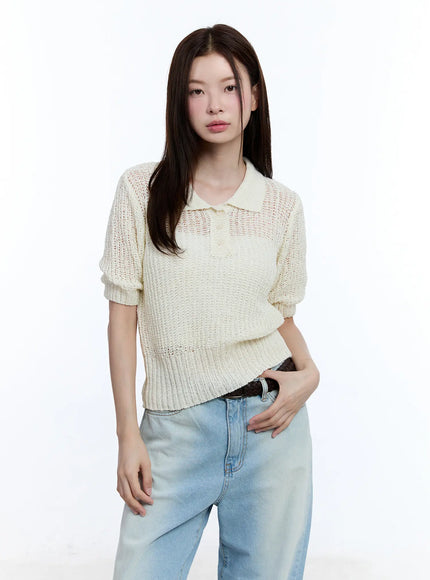 collared-short-sleeve-sweater-cu513 / Light beige