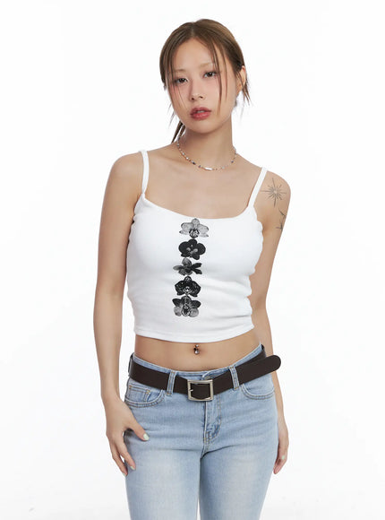 floral-graphic-ribbed-tank-top-cl510 / Light beige