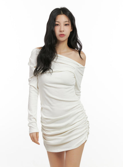shirred-off-shoulder-mini-dress-cn416 / Light beige