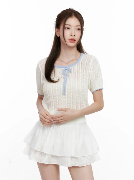 contrast-trim-ribbon-knit-shirt-cl523 / Light beige