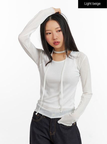 slim-fit-round-neck-top-with-scarf-cf408 / Light beige