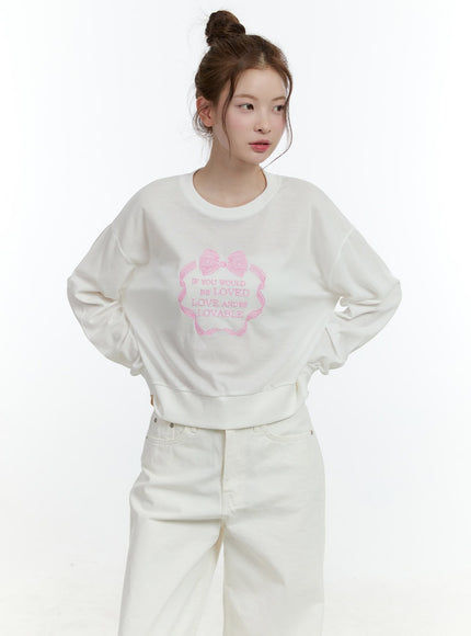 embroidered-graphic-cropped-crewneck-cf503 / Light beige