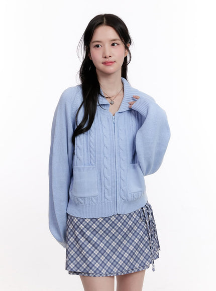 cable-knit-zip-up-cardigan-cm526 / Light blue