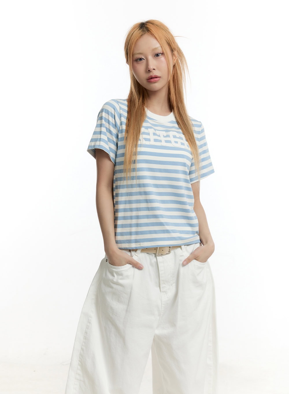 striped-patch-cotton-t-shirt-cy505 / Light blue