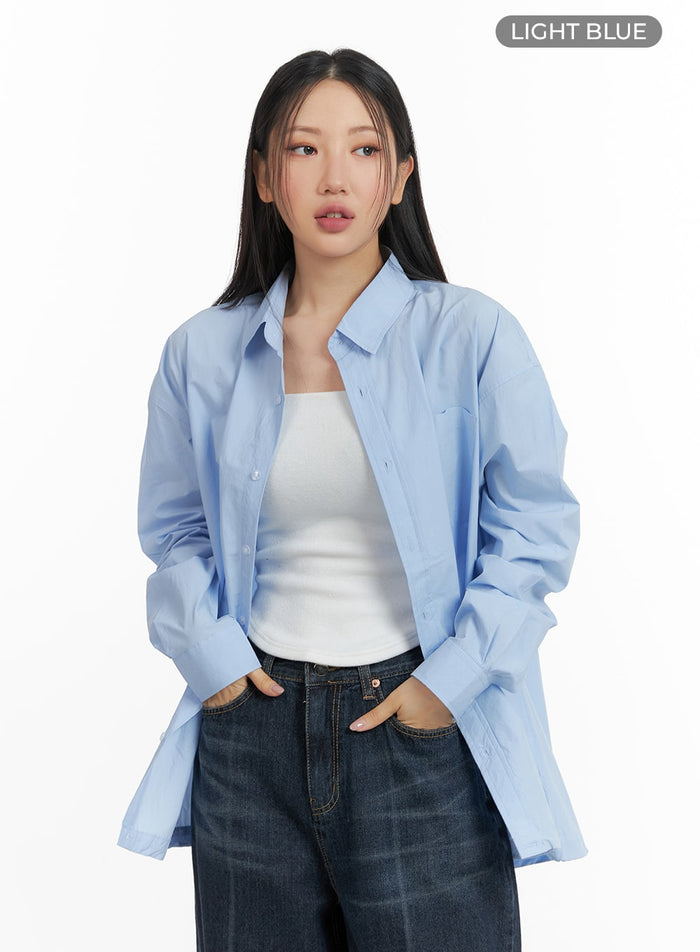 unisex-drawstring-solid-shirt-blouse-cm418 / Light blue