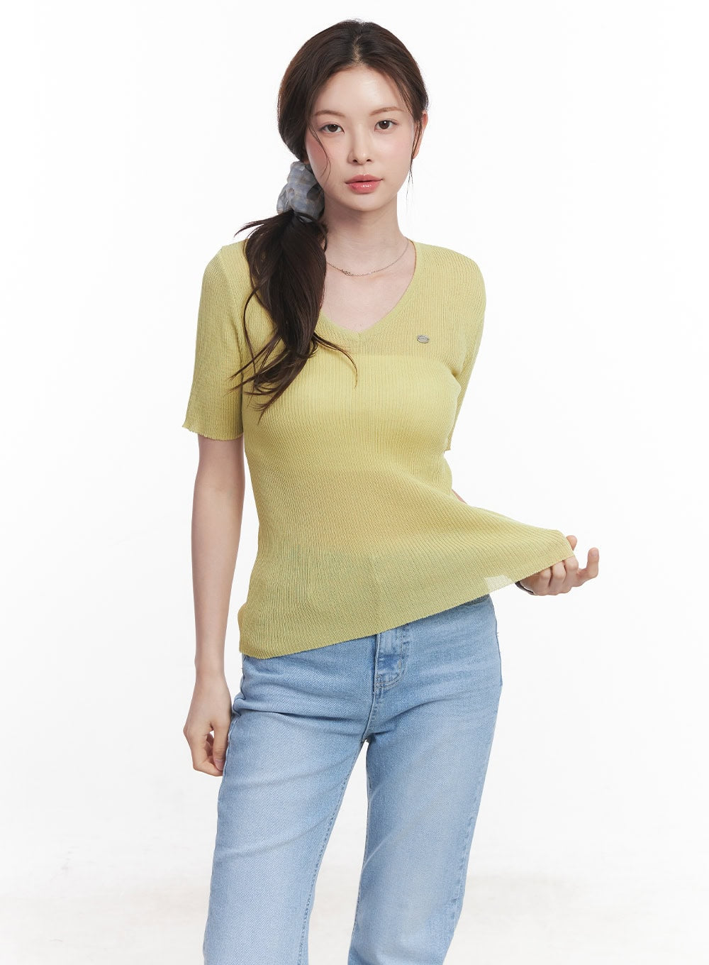 sheer-v-neck-linen-short-sleeve-sweater-cy519 / Light green