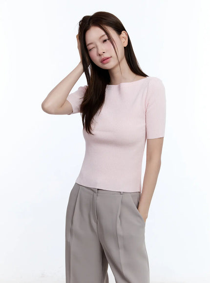 boat-neck-short-sleeve-sweater-cu513 / Light pink