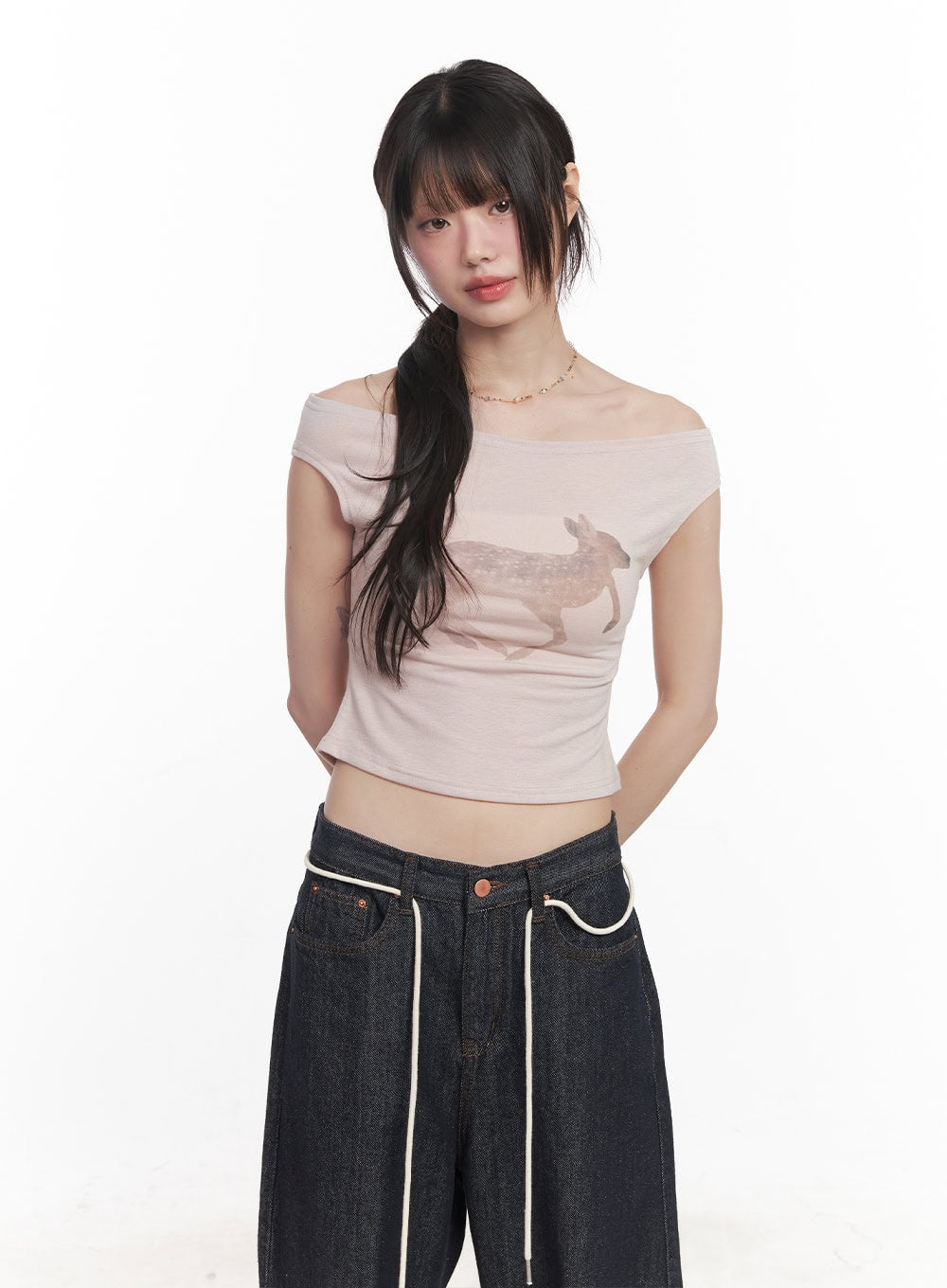 cute-animal-print-graphic-off-shoulder-crop-top-cy521 / Pink