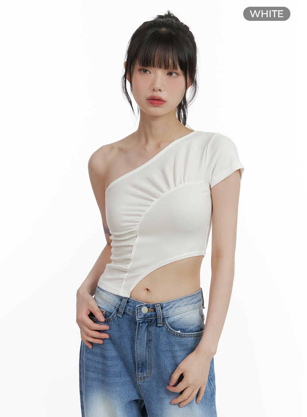 one-shoulder-shirred-crop-top-cu410 / White