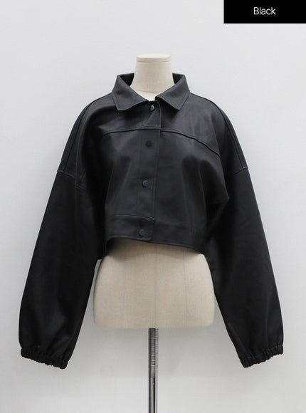 Faux Leather Button Crop Jacket OO26