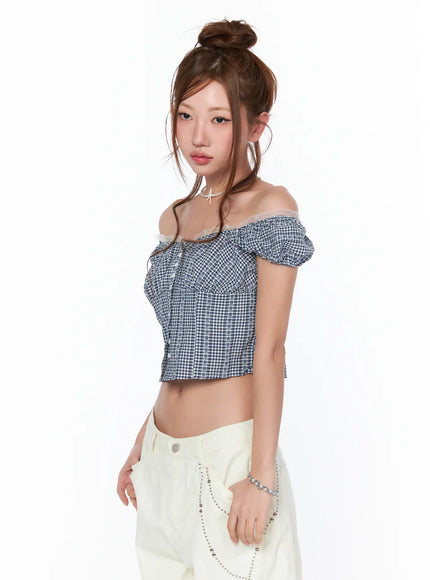 frill-trimmed-gingham-short-sleeve-blouse-ca514