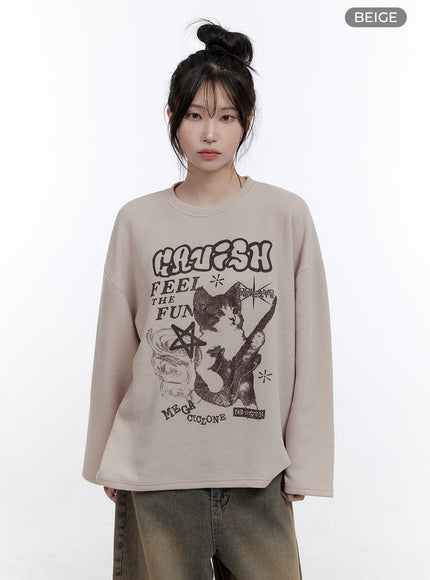 oversized-graphic-long-sleeve-t-shirt-co418 / Beige