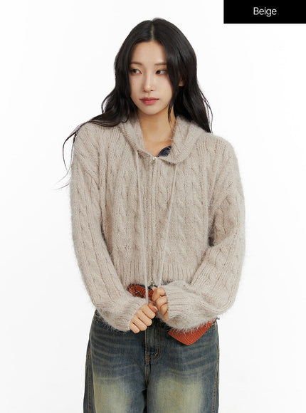 cable-knit-zippered-hooded-cardigan-cf416 / Beige