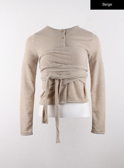 back-wrap-button-long-sleeve-top-cd319 / Beige