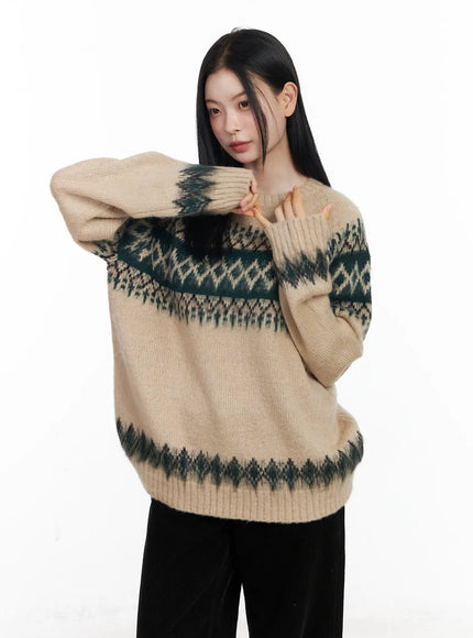nordic-pattern-knit-sweater-cj520 / Beige